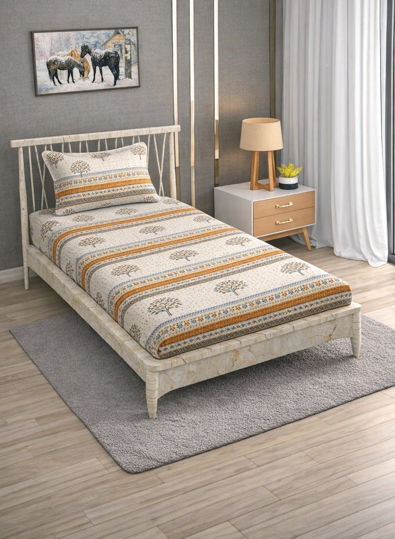 AURIO Premium Single Size Fitted Bedsheet with 1 Pillowcase – Modern Design & Pattern – Deep Pocket (90x200+25 cm) Soft, Breathable Microfiber Bedding for Kids & Guest Rooms - Image 1